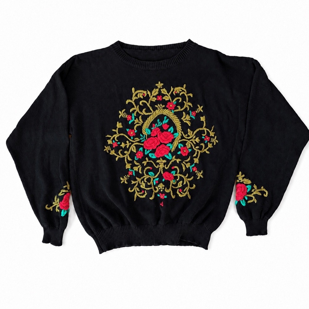 Vintage Black Floral Embroidered Crewneck Sweater Rose Whimsigoth Grandmacore L - Picture 4 of 6